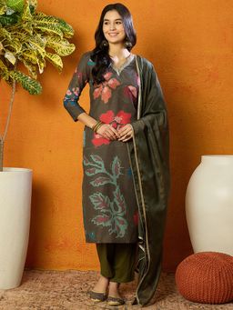 Vaamsi - Women Olive Cotton Blend Floral Printed Straight Suit (Set of 3)