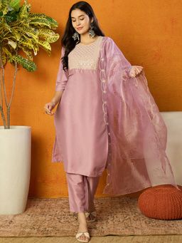 Vaamsi - Women Lavender Poly Silk Ethnic Motifs Embroidered Straight Suit (Set of 3)