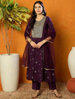 Vaamsi - Women Purple Silk Blend Woven Design Embroidered Anarkali Suit (Set of 3)
