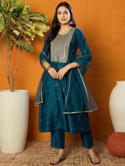 Vaamsi - Women Teal Silk Blend Woven Design Embroidered Anarkali Suit (Set of 3)