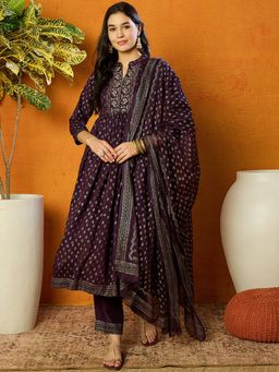 Vaamsi - Women Purple Silk Blend Woven Design Embroidered Anarkali Suit (Set of 3)