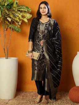 Vaamsi - Women Navy Blue Poly Chanderi Ethnic Motifs Woven Design Straight Suit (Set of 3)