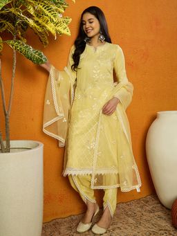 Vaamsi - Women Yellow Organza Solid Embroidered A-Line Suit (Set of 3)