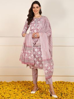 Vaamsi - Women Mauve Cotton Floral Printed Straight Suit Kurta with Pant and Dupatta (Set of 3)