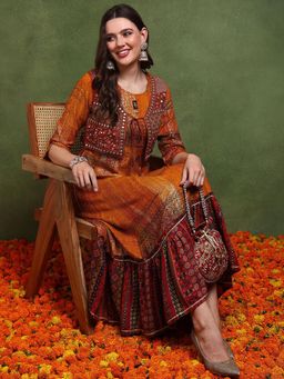 Vaamsi - Ahika Women Mustard Viscose Rayon Abstract A-Line Dress with Jacket (Set of 2)