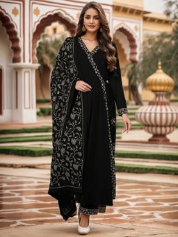 Vaamsi - Women Black Poly Georgette Solid Angarkha Kurta Pant with Dupatta (Set of 3)
