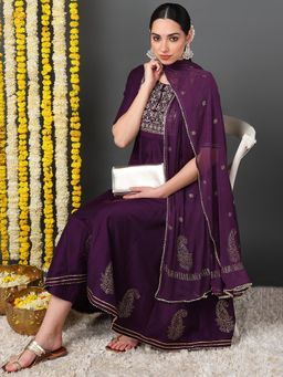 Vaamsi - Women Purple Silk Blend Embroidered Anarkali Kurta Pant with Dupatta (Set of 3)