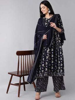 Vaamsi - Women Navy Blue Ethnic Motifs Printed Anarkali Kurta Pant with Dupatta (Set of 3)