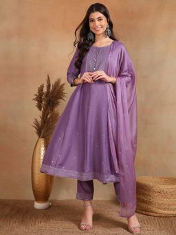 Vaamsi - Women Lavender Silk Blend Ethnic Motifs Anarkali Kurta Pant with Dupatta (Set of 3)