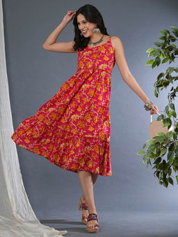 Globus - Women Pink Strappy Shoulder Allover Floral Print Gathered Tiered A-Line Fusion Midi Dress