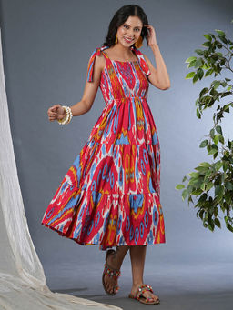 Globus - Women Red Tie-Up Straps Square Neck Bohemian Print Smocked Fit & Flare Fusion Midi Dress