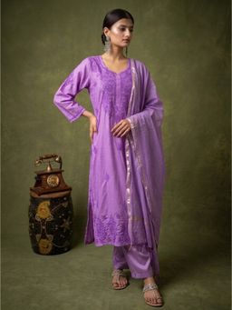 The Chikan Label - Tiya Lavender Chanderi Chikankari Kurta with Pant and Dupatta