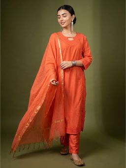 The Chikan Label - Kriti Orange Chanderi Chikankari Kurta with Pant and Dupatta