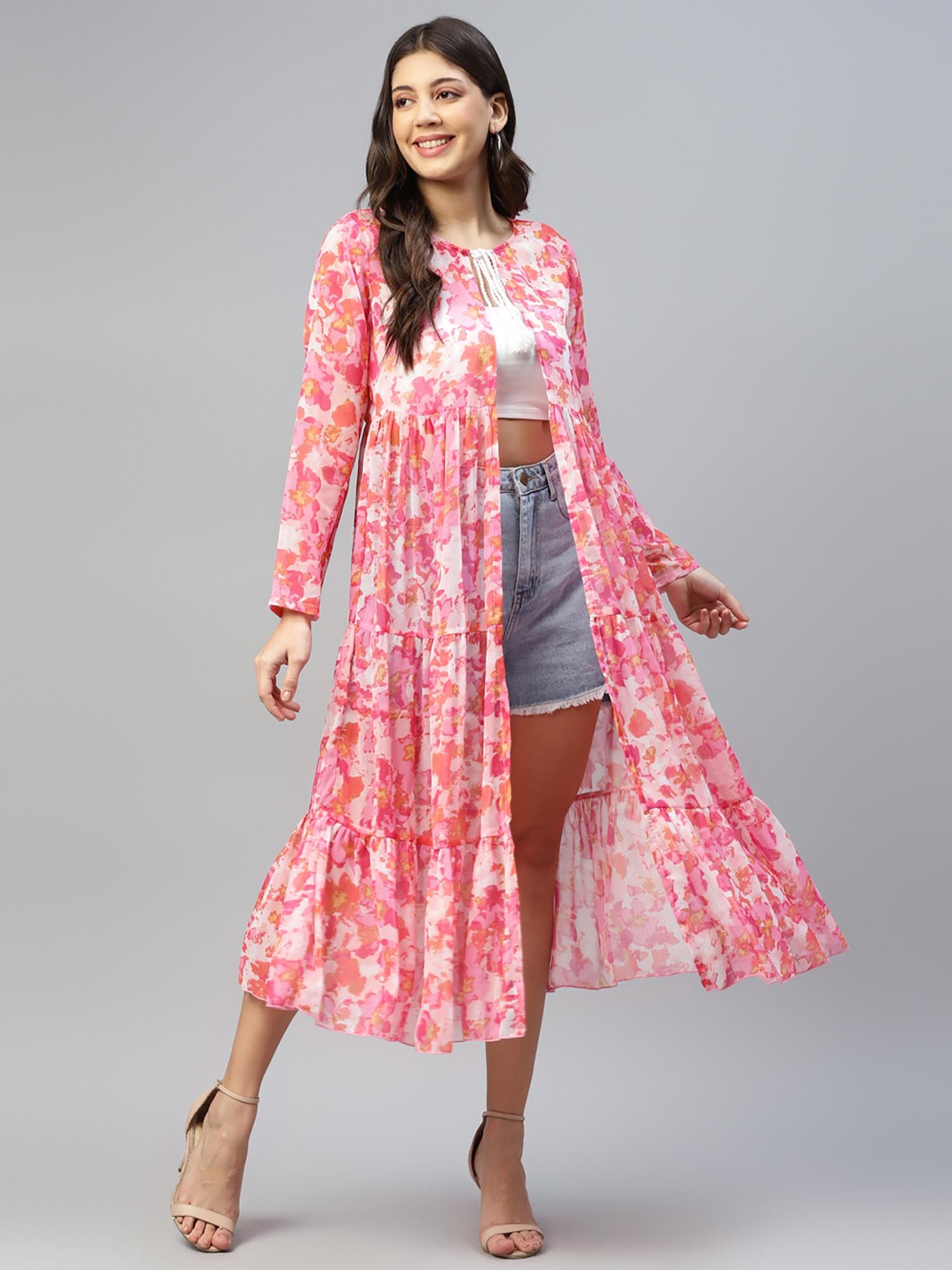 deebaco Pink Printed Tired Womens Shrug-picture-14