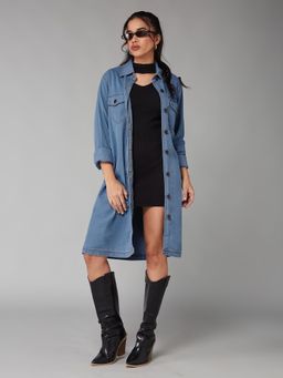 DOLCE CRUDO - Womens Blue Polo Neck Full Sleeves Denim Knee-Long Shrug