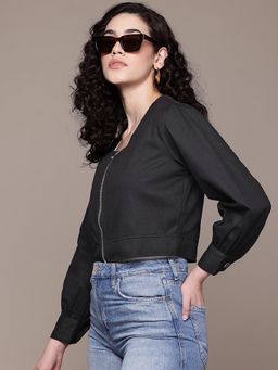 Popnetic - Women Solid Black Sweetheart Neck Crop Jacket