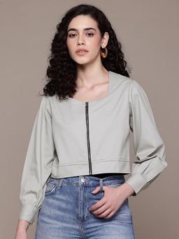 Popnetic - Women Solid Steel Grey Sweetheart Neck Crop Jacket