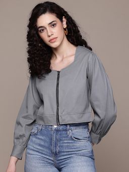 Popnetic - Women Solid Slate Grey Sweetheart Neck Crop Jacket