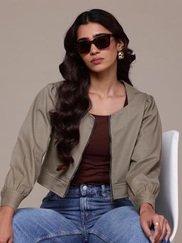 Popnetic - Women Solid Khaki Sweetheart Neck Crop Jacket