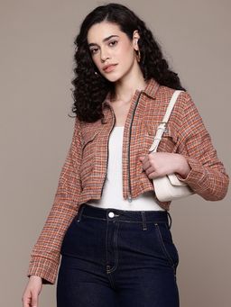 Popnetic - Women Yarn Dyed Plaid Brushed Cotton Crop Jacket