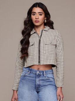 Popnetic - Women Tweed Checks Cotton Crop Jacket