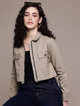 Popnetic - Women Solid Khaki Cotton Crop Jacket