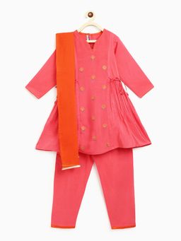 Campana - Girls Bhoomi Full Sleeves Embroidered Kurta Pants - Pink & Orange (Set of 3)