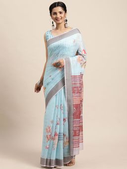 Odette - Womens Soft Silk Blue Printed Saree with Unstitched Blouse