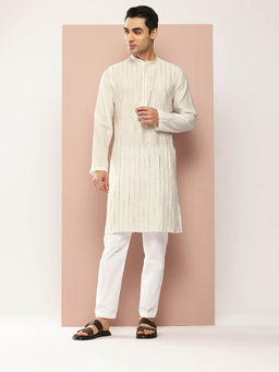See Designs - Men Off White Embroidered Kurta