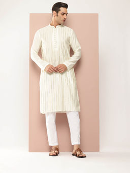 See Designs - Men Off White Embroidered Kurta