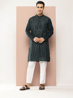See Designs - Men Teal Embroidered Kurta