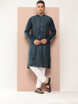 See Designs - Men Teal Embroidered Kurta