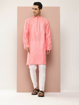 See Designs - Men Pink Embroidered Kurta