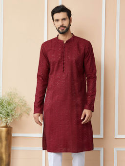 See Designs - Men Maroon Embroidered Kurta
