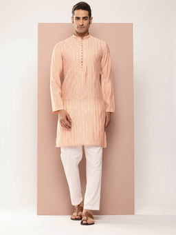 See Designs - Men Peach Embroidered Kurta