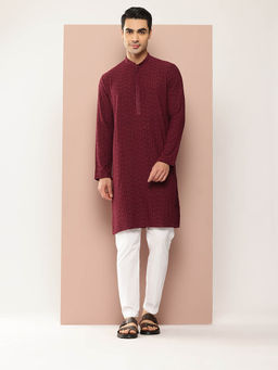 See Designs - Men Maroon Embroidered Kurta