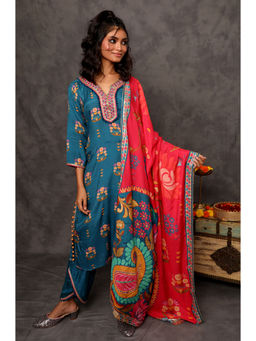 Ishnya - Geet Celadon Blue Printed Kurta with Pants & Dupatta (Set of 3)