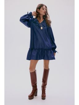 H&M - Women Blue Frill-Trimmed Denim Dress