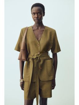 H&M - Women Green Short-Sleeved Linen-Blend Blazer With Belt