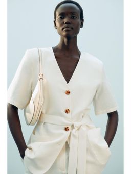 H&M - Women White Short-Sleeved Linen-Blend Blazer With Belt