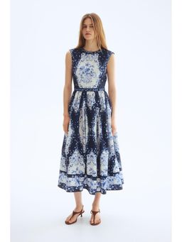 H&M - Women Blue Flared-Skirt Poplin Dress