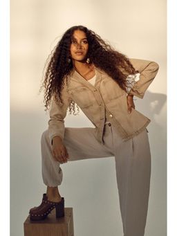 H&M - Women Beige Fitted Denim Jacket