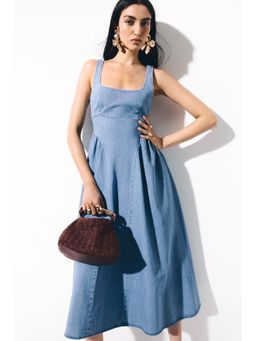 H&M - Women Blue Flared-Skirt Denim Dress