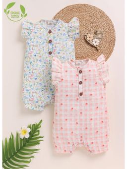 Cot & Candy - Multi-Colour Organic Cotton Knit Spring Floral Printed Romper (Set Of 2)