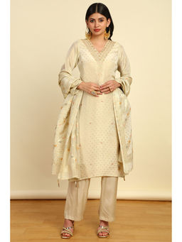 Soch - Women Cream Rayon Zari Woven Unstitched Dress Material With Gota Work (Set of 3)