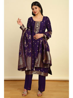 Soch - Women Blue Rayon Zari Woven Unstitched Dress Material With Cut dana (Set of 3)