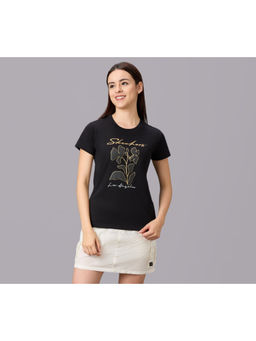 SKECHERS - Women Floral Foil Print Black T-Shirt