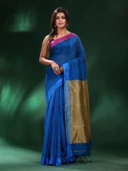 CHARUKRITI - Blue Cotton Soft Dual Border Saree with Unstitched Blouse