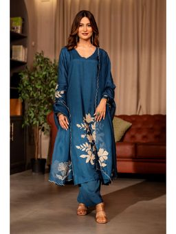 Mahee Jaipur - Rama Blue Applique Work Pure Dola Silk Kurta with Pant and Dupatta