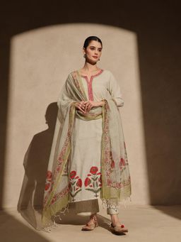 Jaipuri Banno - Green Striped Hand Block Printed Cotton Kurta with dupatta and Pant